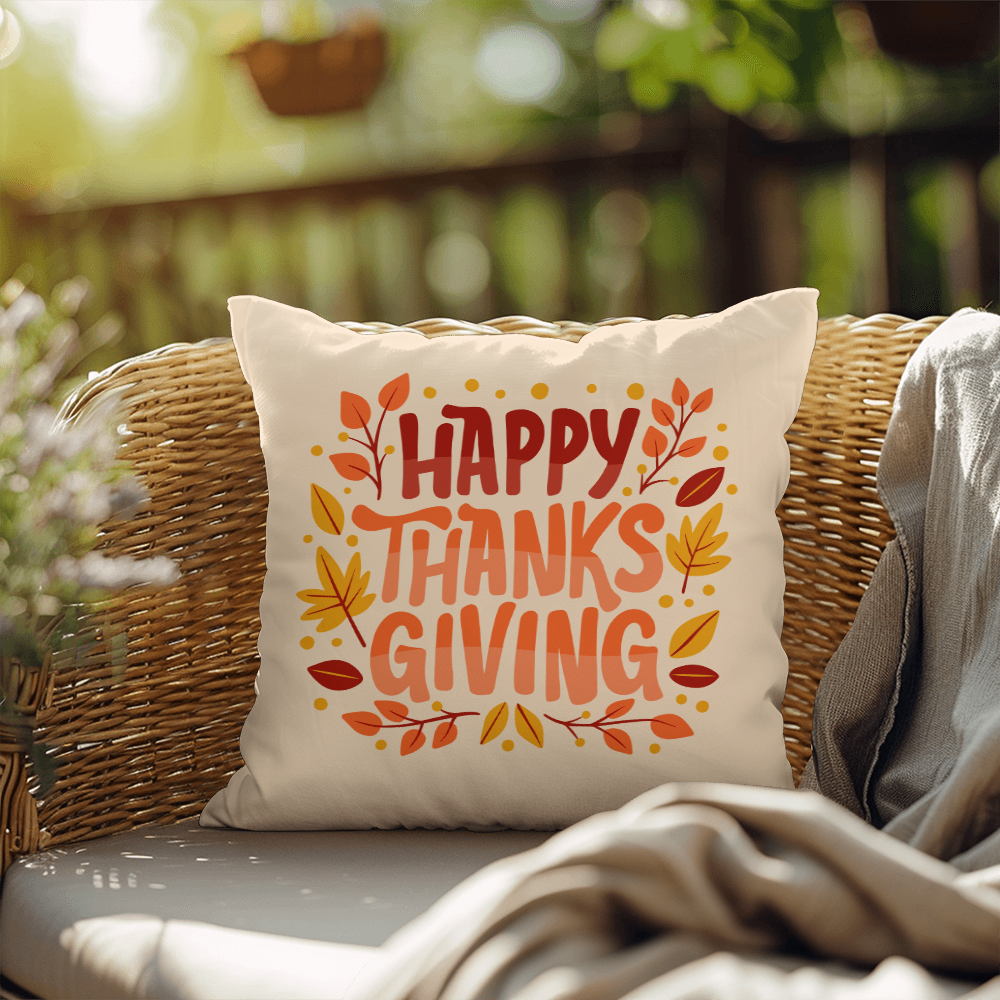 Happy Thanksgiving Throw Pillow – Indoor/Outdoor Fall Accent Cushion – Available in 3 Sizes - Mallard Moon