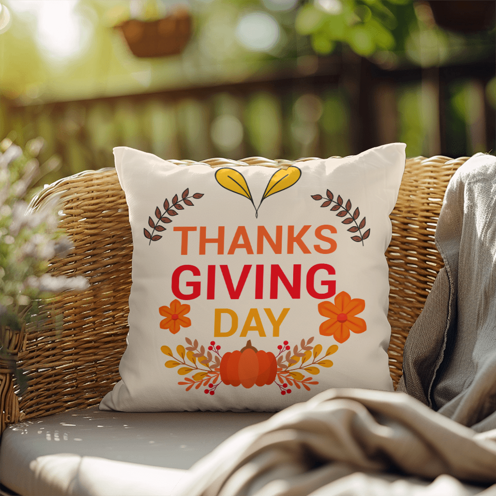 Thanksgiving Day Throw Pillow – Festive Pumpkin & Floral Fall Accent Cushion – Indoor/Outdoor, 3 Sizes - Mallard Moon