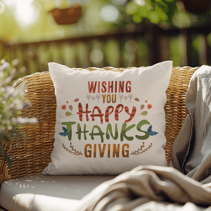 Wishing You a Happy Thanksgiving Throw Pillow – Indoor/Outdoor Fall Accent Cushion – Available in 3 Sizes - Mallard Moon