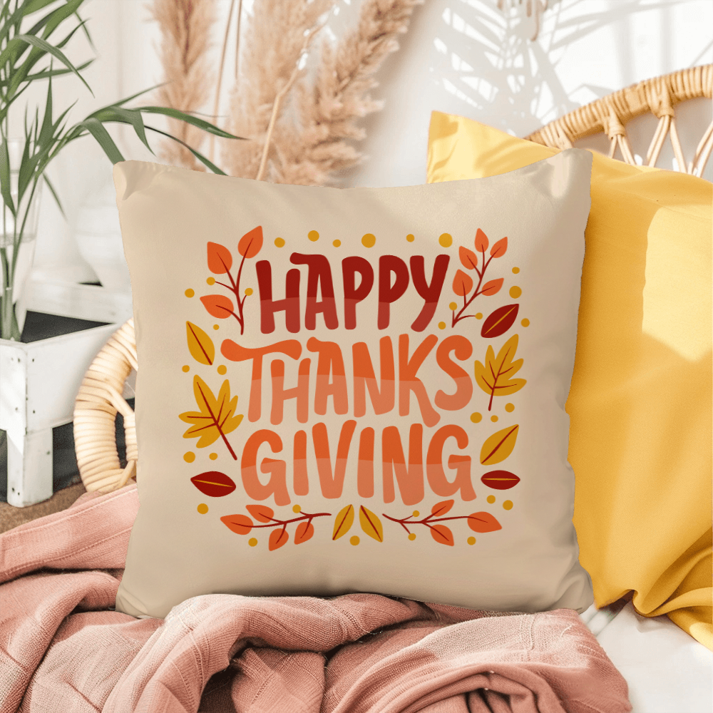 Happy Thanksgiving Throw Pillow – Indoor/Outdoor Fall Accent Cushion – Available in 3 Sizes - Mallard Moon