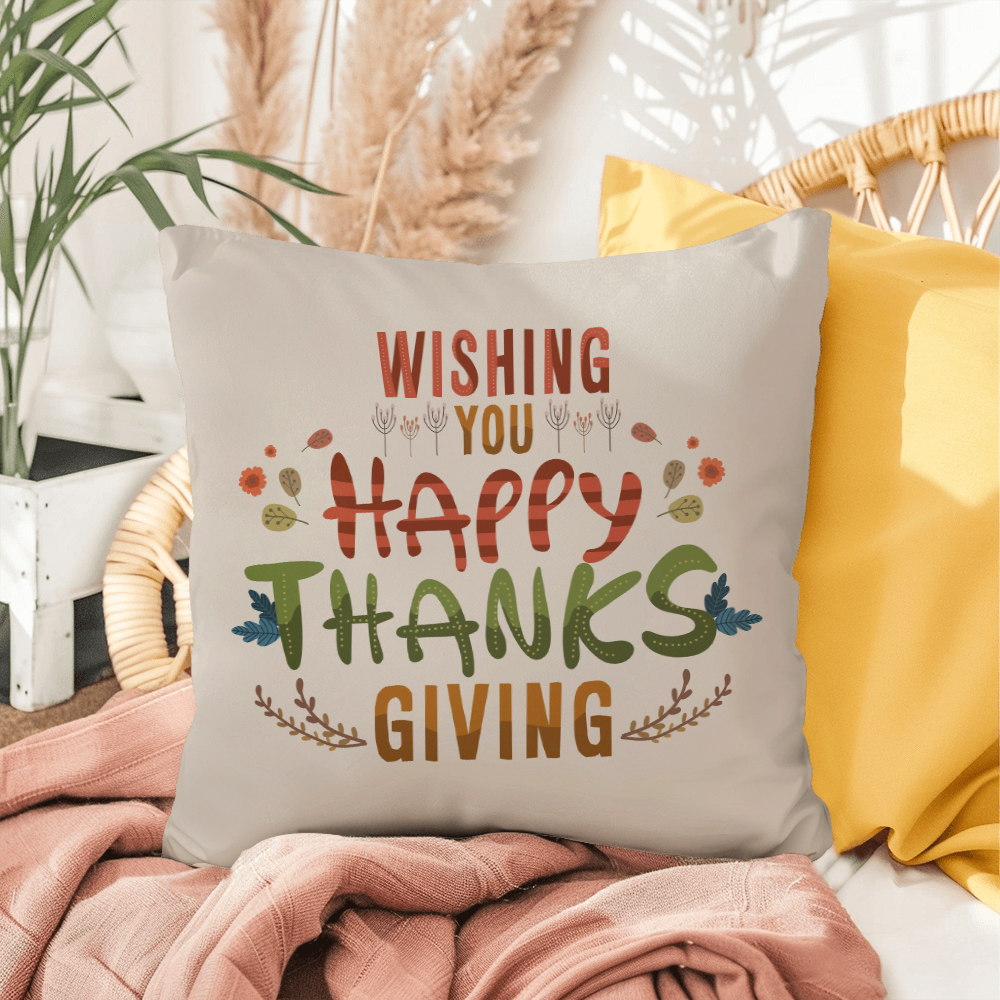 Wishing You a Happy Thanksgiving Throw Pillow – Indoor/Outdoor Fall Accent Cushion – Available in 3 Sizes - Mallard Moon