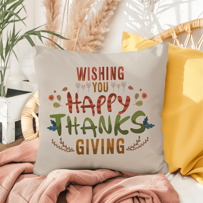 Wishing You a Happy Thanksgiving Throw Pillow – Indoor/Outdoor Fall Accent Cushion – Available in 3 Sizes - Mallard Moon