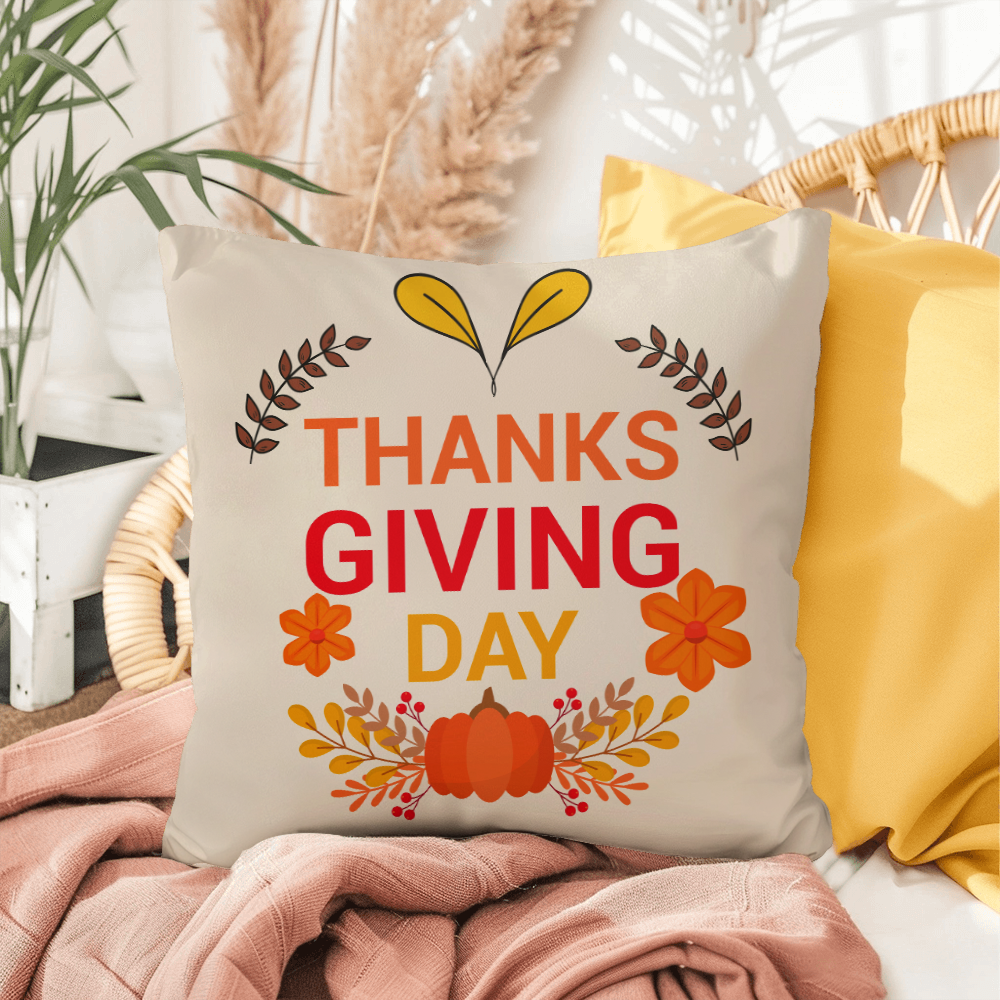 Thanksgiving Day Throw Pillow – Festive Pumpkin & Floral Fall Accent Cushion – Indoor/Outdoor, 3 Sizes - Mallard Moon