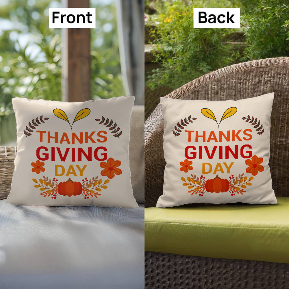 Thanksgiving Day Throw Pillow – Festive Pumpkin & Floral Fall Accent Cushion – Indoor/Outdoor, 3 Sizes - Mallard Moon