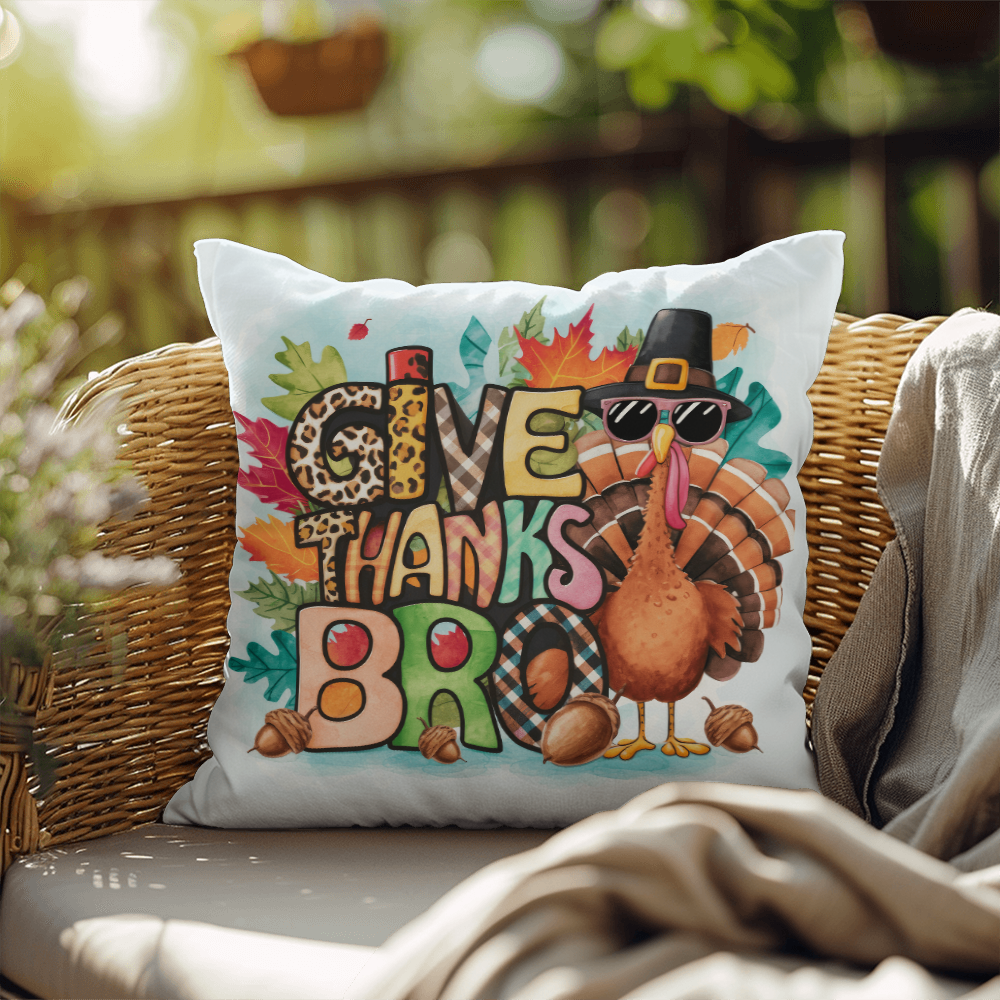 Give Thanks Bro Thanksgiving Pillow – Cool Turkey with Sunglasses Cushion – Indoor/Outdoor, 3 Sizes - Mallard Moon