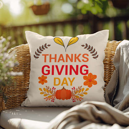 Thanksgiving Day Throw Pillow – Festive Pumpkin & Floral Fall Accent Cushion – Indoor/Outdoor, 3 Sizes - Mallard Moon