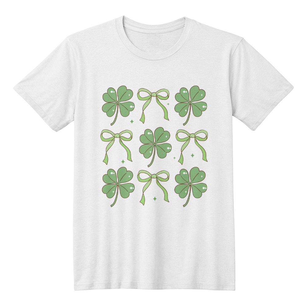 Women's St. Patrick's Day T-Shirt – Lucky Clover & Bow Design – Soft Cotton Crew Neck Tee – Irish Lass Holiday Shirt - Mallard Moon Gift Shop
