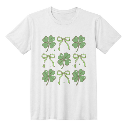 Women's St. Patrick's Day T-Shirt – Lucky Clover & Bow Design – Soft Cotton Crew Neck Tee – Irish Lass Holiday Shirt - Mallard Moon Gift Shop