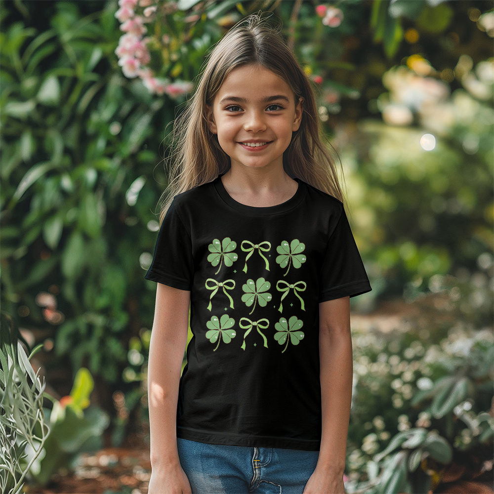 Youth St. Patrick's Day T-Shirt – Lucky Clover & Bow Design – Soft Cotton Crew Neck Tee – Irish Holiday Shirt for Girls - Mallard Moon Gift Shop