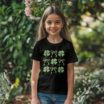 Youth St. Patrick's Day T-Shirt – Lucky Clover & Bow Design – Soft Cotton Crew Neck Tee – Irish Holiday Shirt for Girls - Mallard Moon Gift Shop