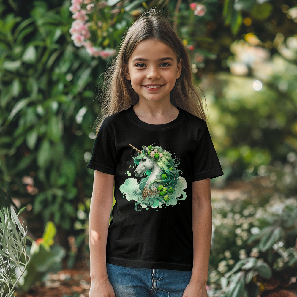 Youth St. Patrick's Day Unicorn T-Shirt – Girls Lucky Shamrock Tee – Soft Cotton Crew Neck Shirt – Irish Holiday Outfit - Mallard Moon Gift Shop