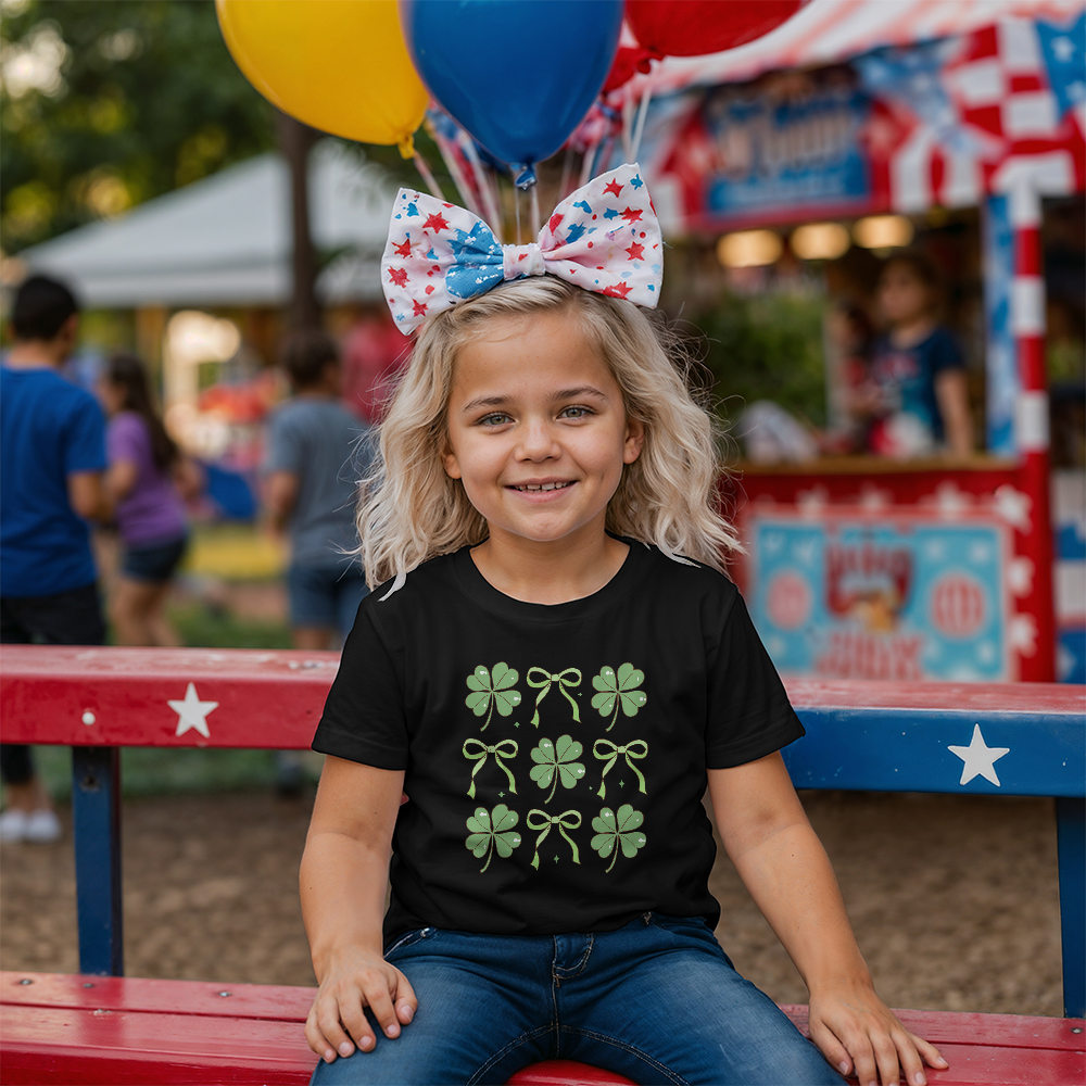 Youth St. Patrick's Day T-Shirt – Lucky Clover & Bow Design – Soft Cotton Crew Neck Tee – Irish Holiday Shirt for Girls - Mallard Moon Gift Shop