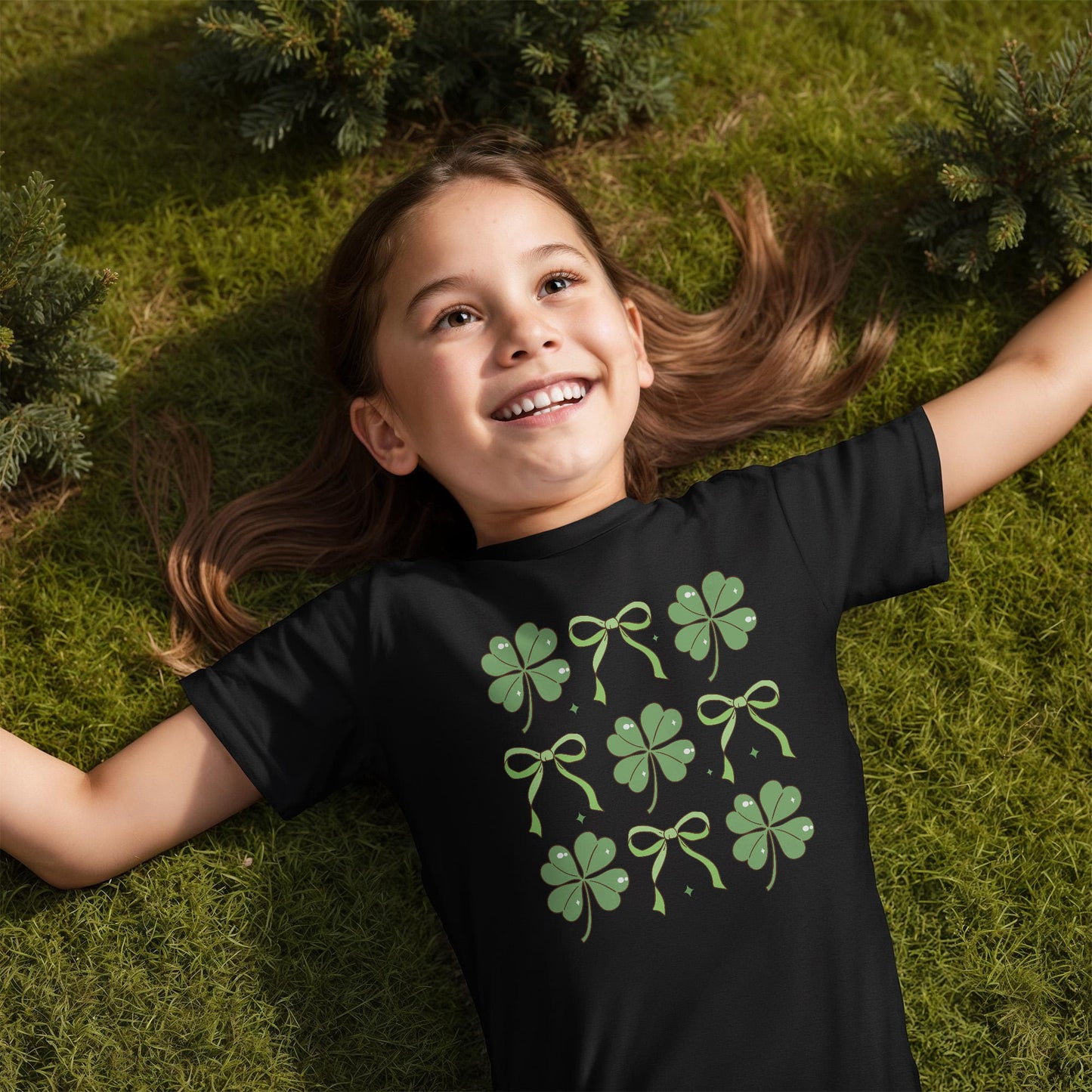 Youth St. Patrick's Day T-Shirt – Lucky Clover & Bow Design – Soft Cotton Crew Neck Tee – Irish Holiday Shirt for Girls - Mallard Moon Gift Shop