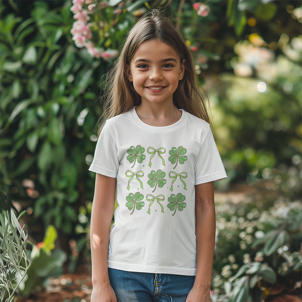 Youth St. Patrick's Day T-Shirt – Lucky Clover & Bow Design – Soft Cotton Crew Neck Tee – Irish Holiday Shirt for Girls - Mallard Moon Gift Shop