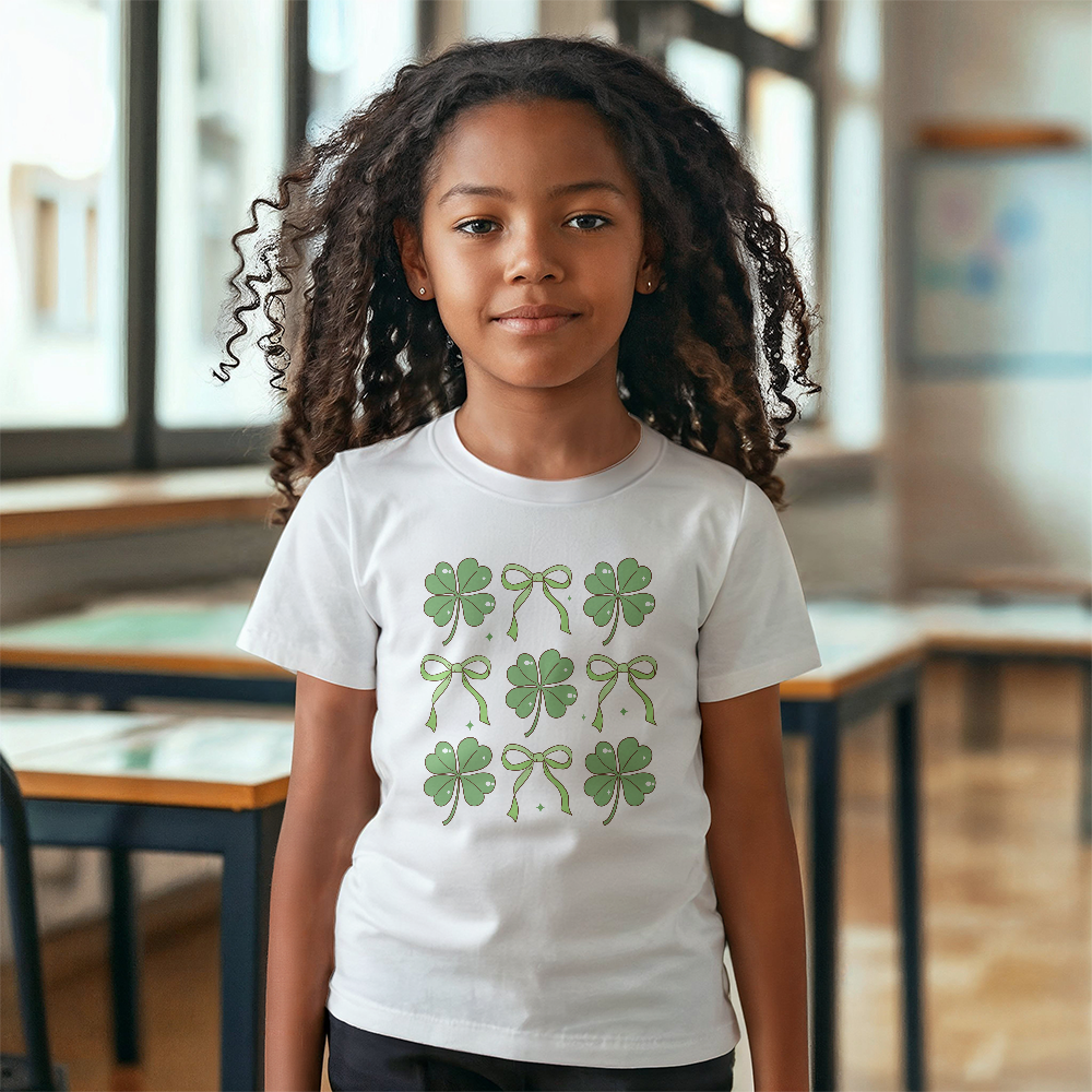 Youth St. Patrick's Day T-Shirt – Lucky Clover & Bow Design – Soft Cotton Crew Neck Tee – Irish Holiday Shirt for Girls - Mallard Moon Gift Shop