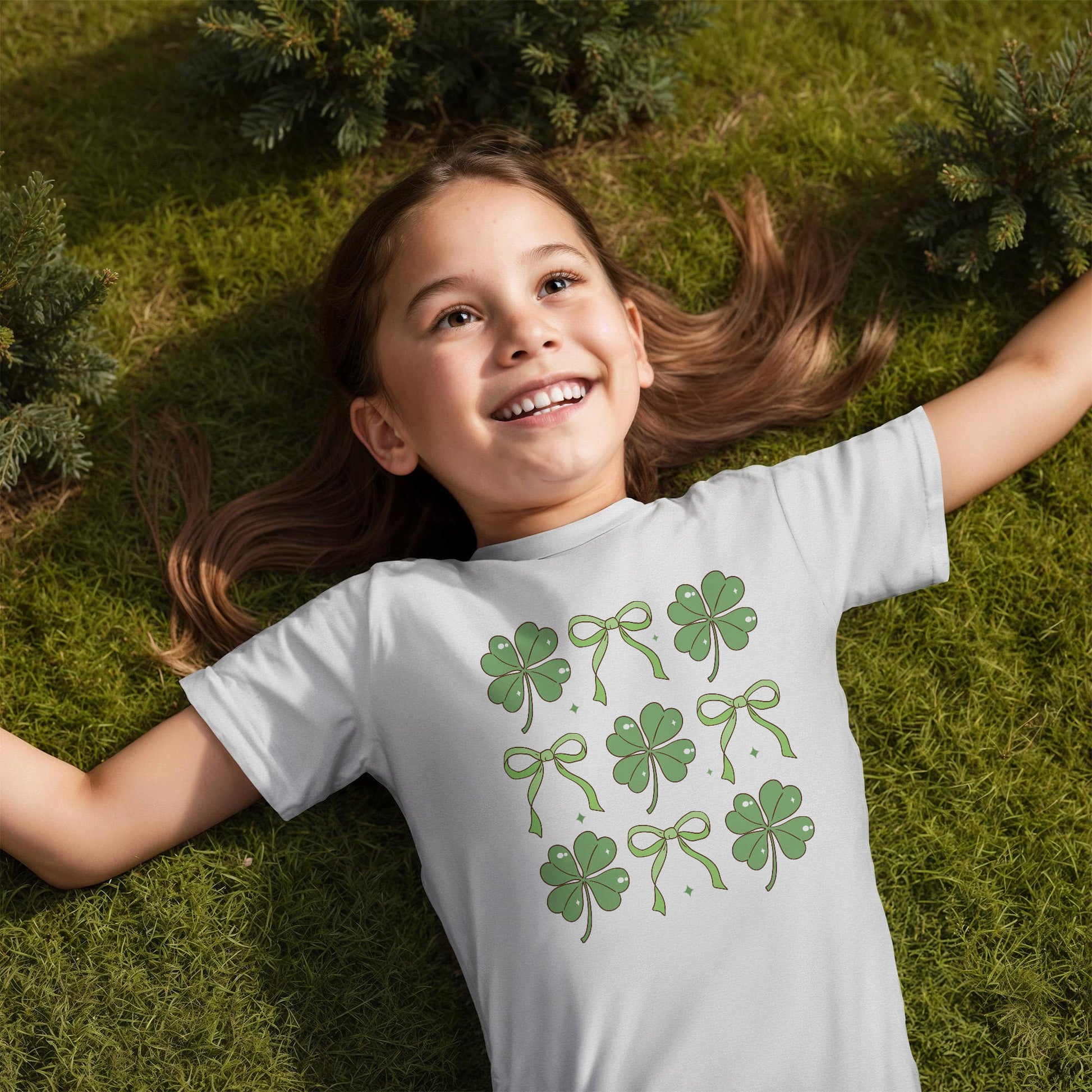 Youth St. Patrick's Day T-Shirt – Lucky Clover & Bow Design – Soft Cotton Crew Neck Tee – Irish Holiday Shirt for Girls - Mallard Moon Gift Shop
