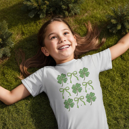 Youth St. Patrick's Day T-Shirt – Lucky Clover & Bow Design – Soft Cotton Crew Neck Tee – Irish Holiday Shirt for Girls - Mallard Moon Gift Shop
