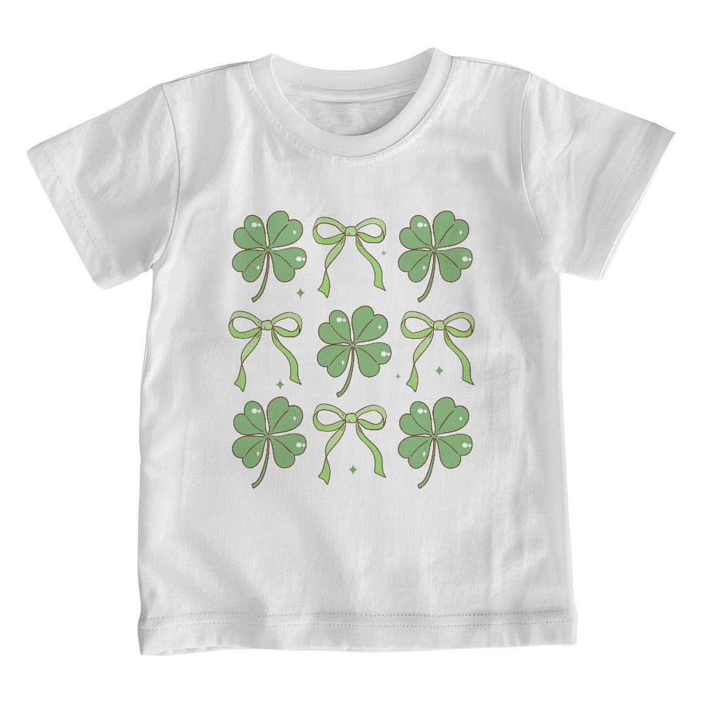 Youth St. Patrick's Day T-Shirt – Lucky Clover & Bow Design – Soft Cotton Crew Neck Tee – Irish Holiday Shirt for Girls - Mallard Moon Gift Shop