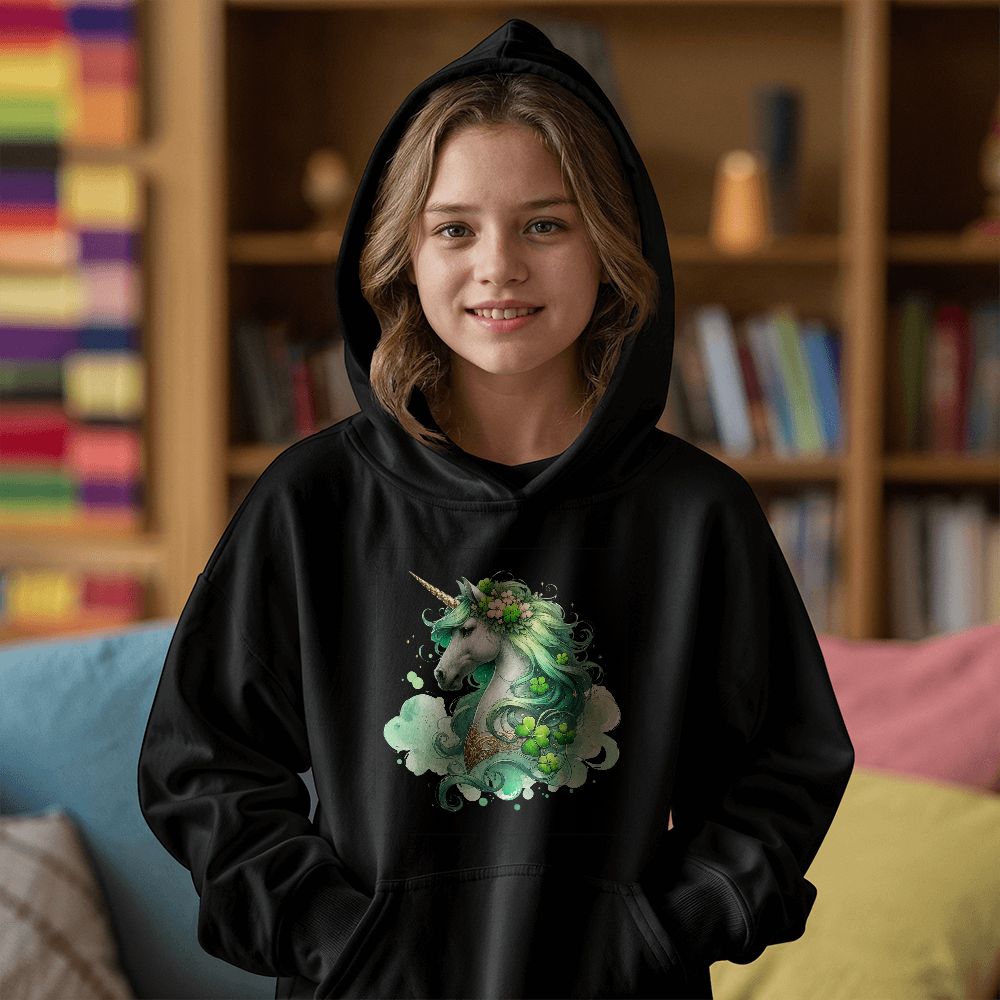 Youth Unicorn Pullover Hoodie – St. Patrick's Day Lucky Shamrock Sweatshirt – Soft Cotton Blend Fleece – Girls & Boys Cozy Hoodie - Mallard Moon Gift Shop