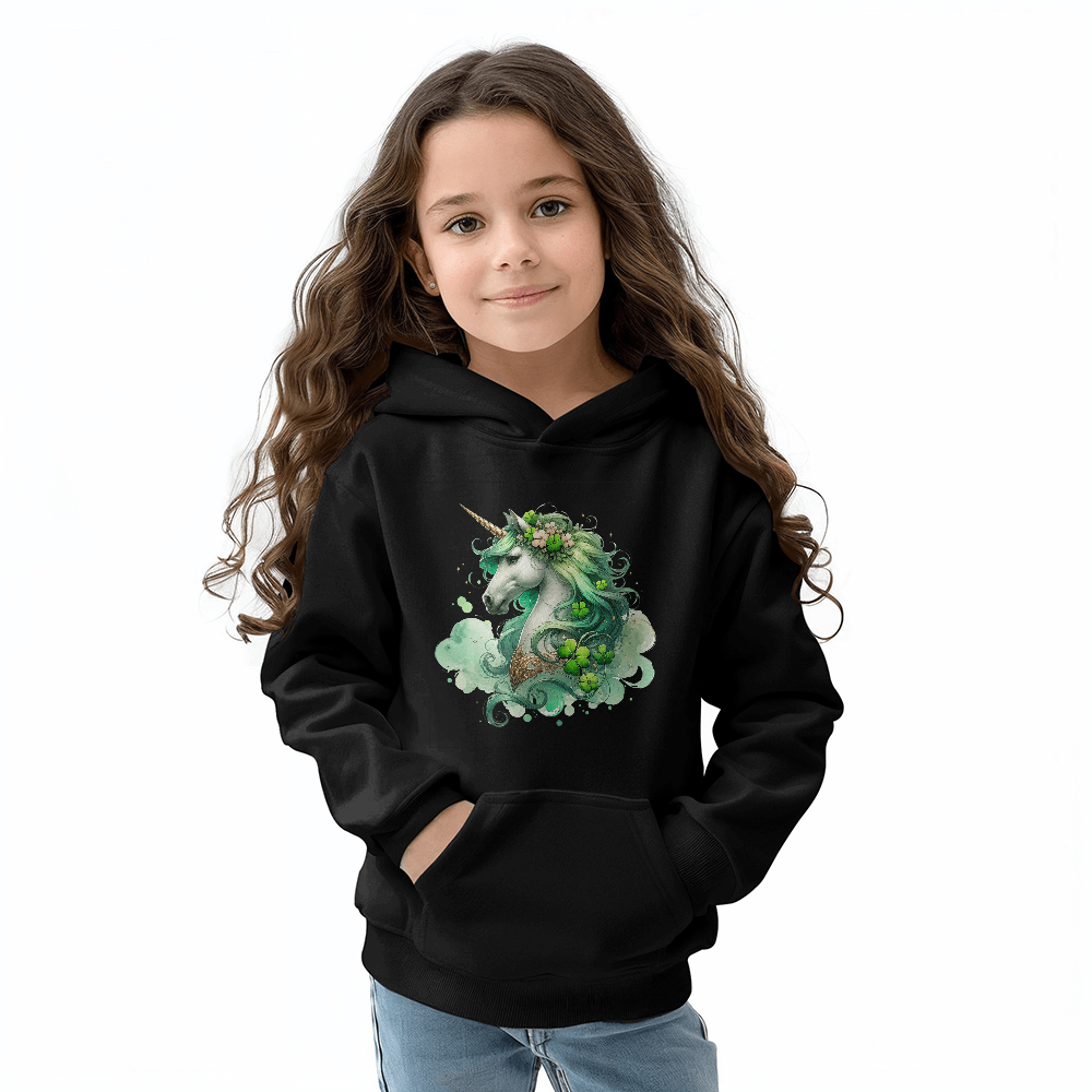 Youth Unicorn Pullover Hoodie – St. Patrick's Day Lucky Shamrock Sweatshirt – Soft Cotton Blend Fleece – Girls & Boys Cozy Hoodie - Mallard Moon Gift Shop