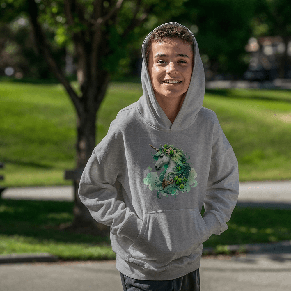 Youth Unicorn Pullover Hoodie – St. Patrick's Day Lucky Shamrock Sweatshirt – Soft Cotton Blend Fleece – Girls & Boys Cozy Hoodie - Mallard Moon Gift Shop