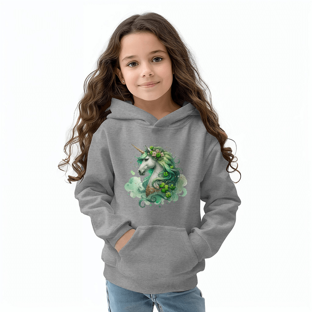 Youth Unicorn Pullover Hoodie – St. Patrick's Day Lucky Shamrock Sweatshirt – Soft Cotton Blend Fleece – Girls & Boys Cozy Hoodie - Mallard Moon Gift Shop