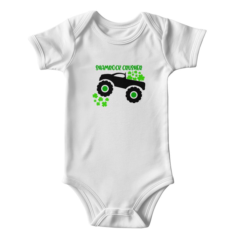 Shamrock Crusher St. Patrick’s Day Baby Bodysuit – Funny Monster Truck Onesie – Soft Cotton Infant Romper – Irish Holiday Outfit & Baby Gift - Mallard Moon Gift Shop