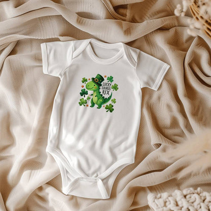 Lucky Saurus Rex St. Patrick’s Day Baby Bodysuit – Cute Dinosaur & Shamrock Onesie – Soft Cotton Infant Romper – Funny Irish Holiday Outfit & Baby Gift - Mallard Moon Gift Shop