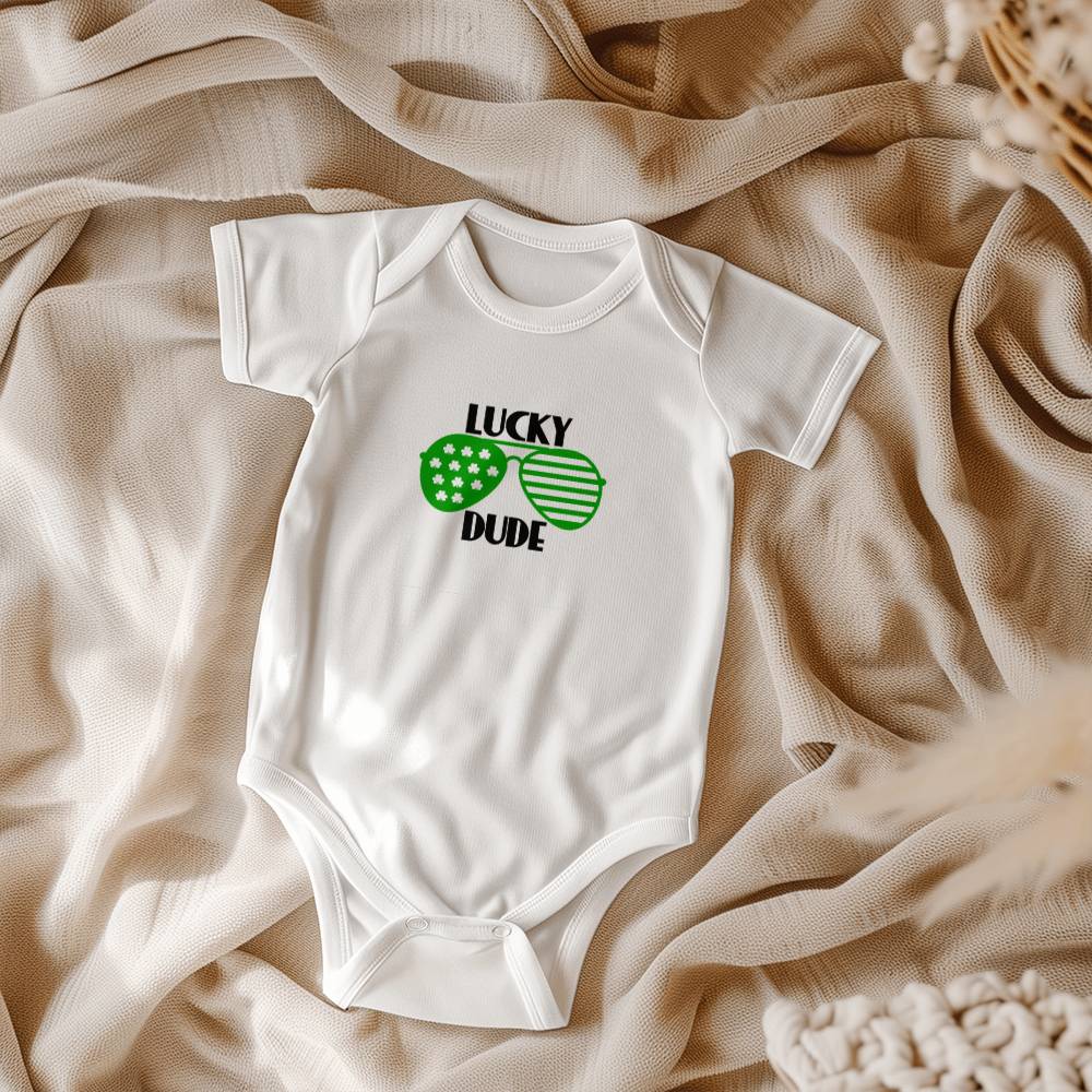 Lucky Dude St. Patrick’s Day Baby Bodysuit – Cool Shamrock Sunglasses Onesie – Soft Cotton Infant Romper – Funny Irish Holiday Outfit & Baby Gift - Mallard Moon Gift Shop