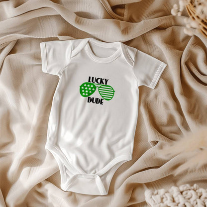Lucky Dude St. Patrick’s Day Baby Bodysuit – Cool Shamrock Sunglasses Onesie – Soft Cotton Infant Romper – Funny Irish Holiday Outfit & Baby Gift - Mallard Moon Gift Shop