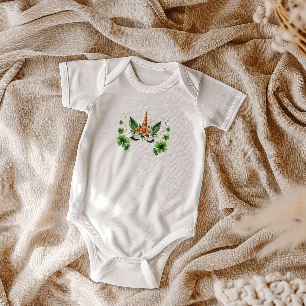 Lucky Unicorn St. Patrick’s Day Baby Bodysuit – Cute Shamrock & Floral Onesie – Soft Cotton Infant Romper – Irish Holiday Outfit & Baby Shower Gift - Mallard Moon Gift Shop