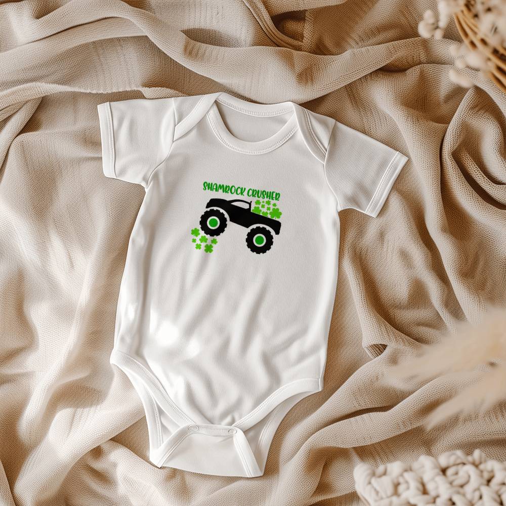 Shamrock Crusher St. Patrick’s Day Baby Bodysuit – Funny Monster Truck Onesie – Soft Cotton Infant Romper – Irish Holiday Outfit & Baby Gift - Mallard Moon Gift Shop