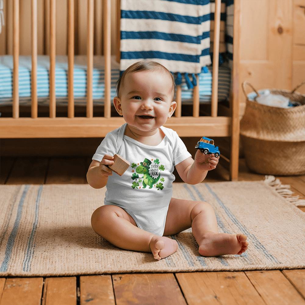 Lucky Saurus Rex St. Patrick’s Day Baby Bodysuit – Cute Dinosaur & Shamrock Onesie – Soft Cotton Infant Romper – Funny Irish Holiday Outfit & Baby Gift - Mallard Moon Gift Shop