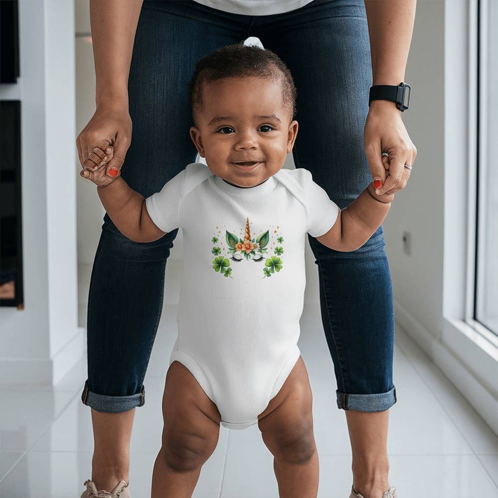 Lucky Unicorn St. Patrick’s Day Baby Bodysuit – Cute Shamrock & Floral Onesie – Soft Cotton Infant Romper – Irish Holiday Outfit & Baby Shower Gift - Mallard Moon Gift Shop
