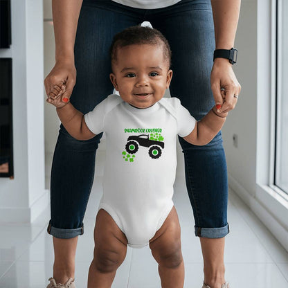 Shamrock Crusher St. Patrick’s Day Baby Bodysuit – Funny Monster Truck Onesie – Soft Cotton Infant Romper – Irish Holiday Outfit & Baby Gift - Mallard Moon Gift Shop