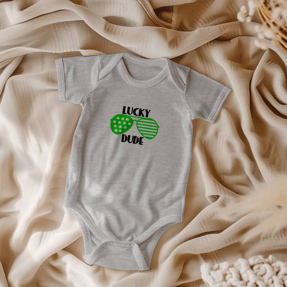Lucky Dude St. Patrick’s Day Baby Bodysuit – Cool Shamrock Sunglasses Onesie – Soft Cotton Infant Romper – Funny Irish Holiday Outfit & Baby Gift - Mallard Moon Gift Shop