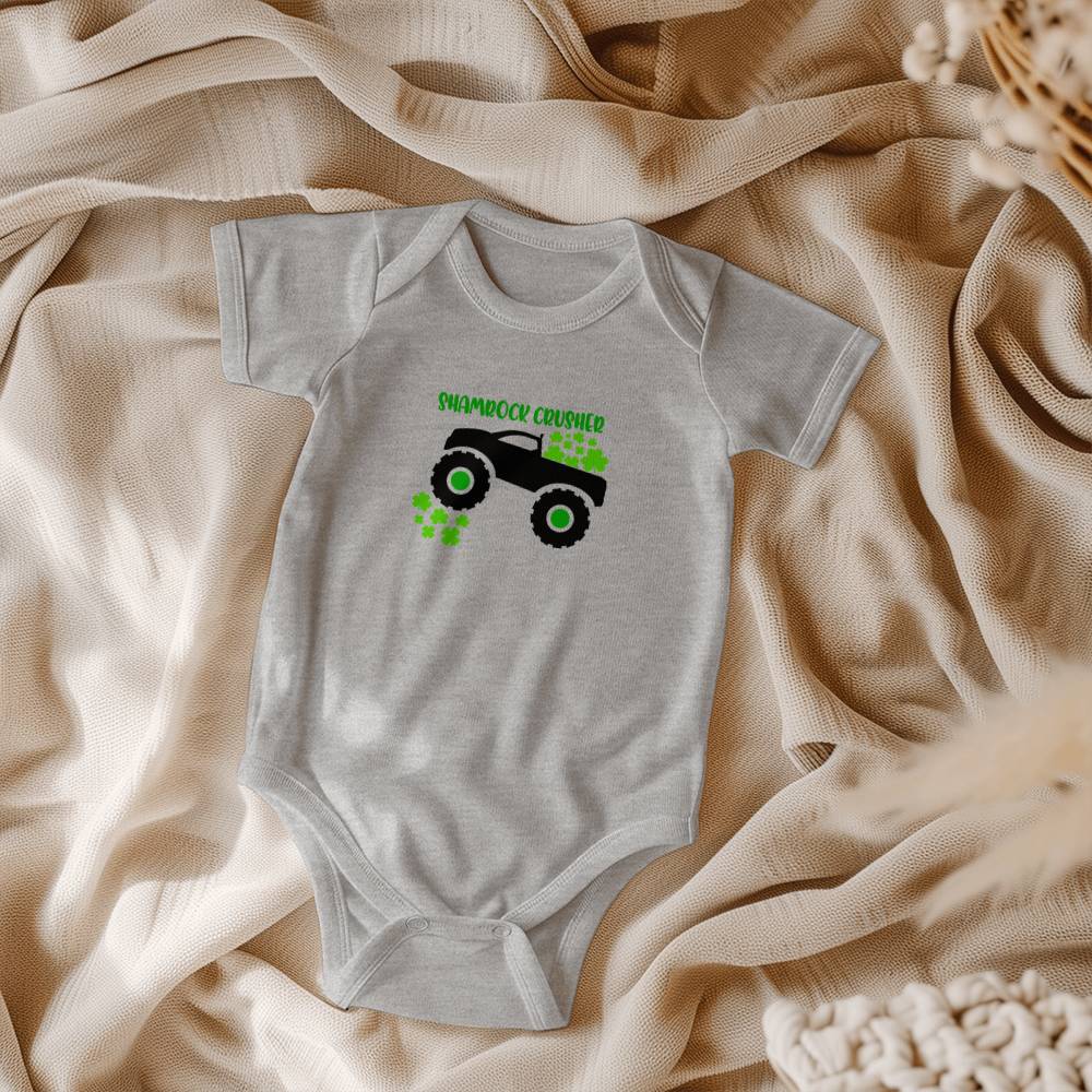 Shamrock Crusher St. Patrick’s Day Baby Bodysuit – Funny Monster Truck Onesie – Soft Cotton Infant Romper – Irish Holiday Outfit & Baby Gift - Mallard Moon Gift Shop