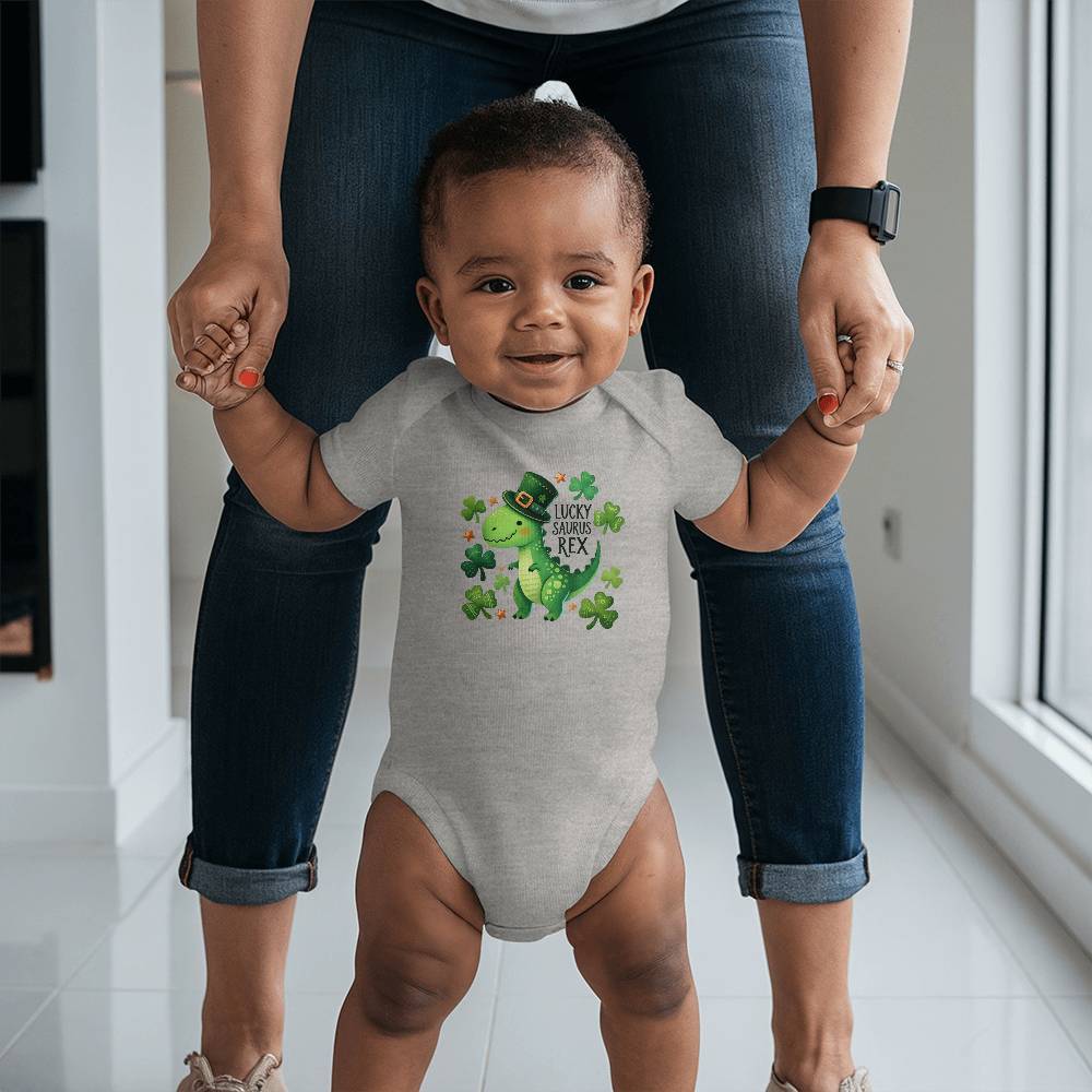 Lucky Saurus Rex St. Patrick’s Day Baby Bodysuit – Cute Dinosaur & Shamrock Onesie – Soft Cotton Infant Romper – Funny Irish Holiday Outfit & Baby Gift - Mallard Moon Gift Shop