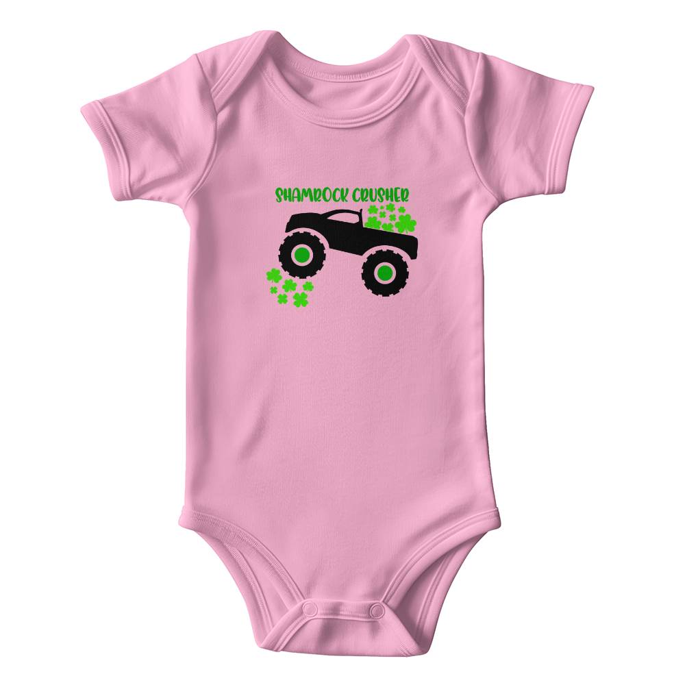 Shamrock Crusher St. Patrick’s Day Baby Bodysuit – Funny Monster Truck Onesie – Soft Cotton Infant Romper – Irish Holiday Outfit & Baby Gift - Mallard Moon Gift Shop