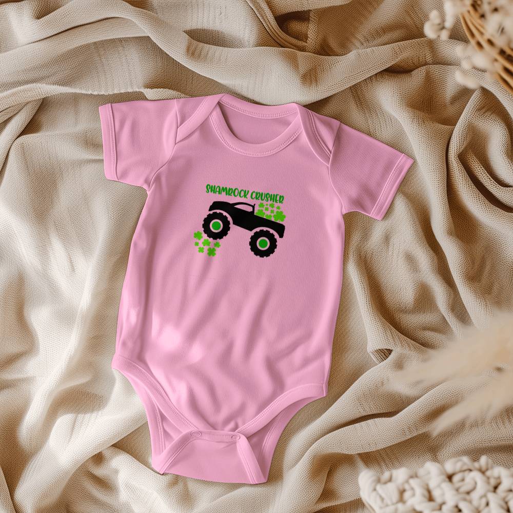 Shamrock Crusher St. Patrick’s Day Baby Bodysuit – Funny Monster Truck Onesie – Soft Cotton Infant Romper – Irish Holiday Outfit & Baby Gift - Mallard Moon Gift Shop