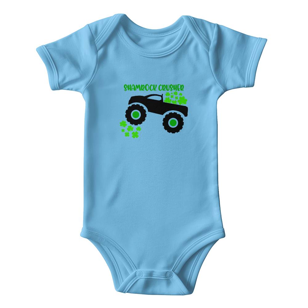 Shamrock Crusher St. Patrick’s Day Baby Bodysuit – Funny Monster Truck Onesie – Soft Cotton Infant Romper – Irish Holiday Outfit & Baby Gift - Mallard Moon Gift Shop