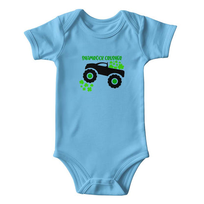 Shamrock Crusher St. Patrick’s Day Baby Bodysuit – Funny Monster Truck Onesie – Soft Cotton Infant Romper – Irish Holiday Outfit & Baby Gift - Mallard Moon Gift Shop