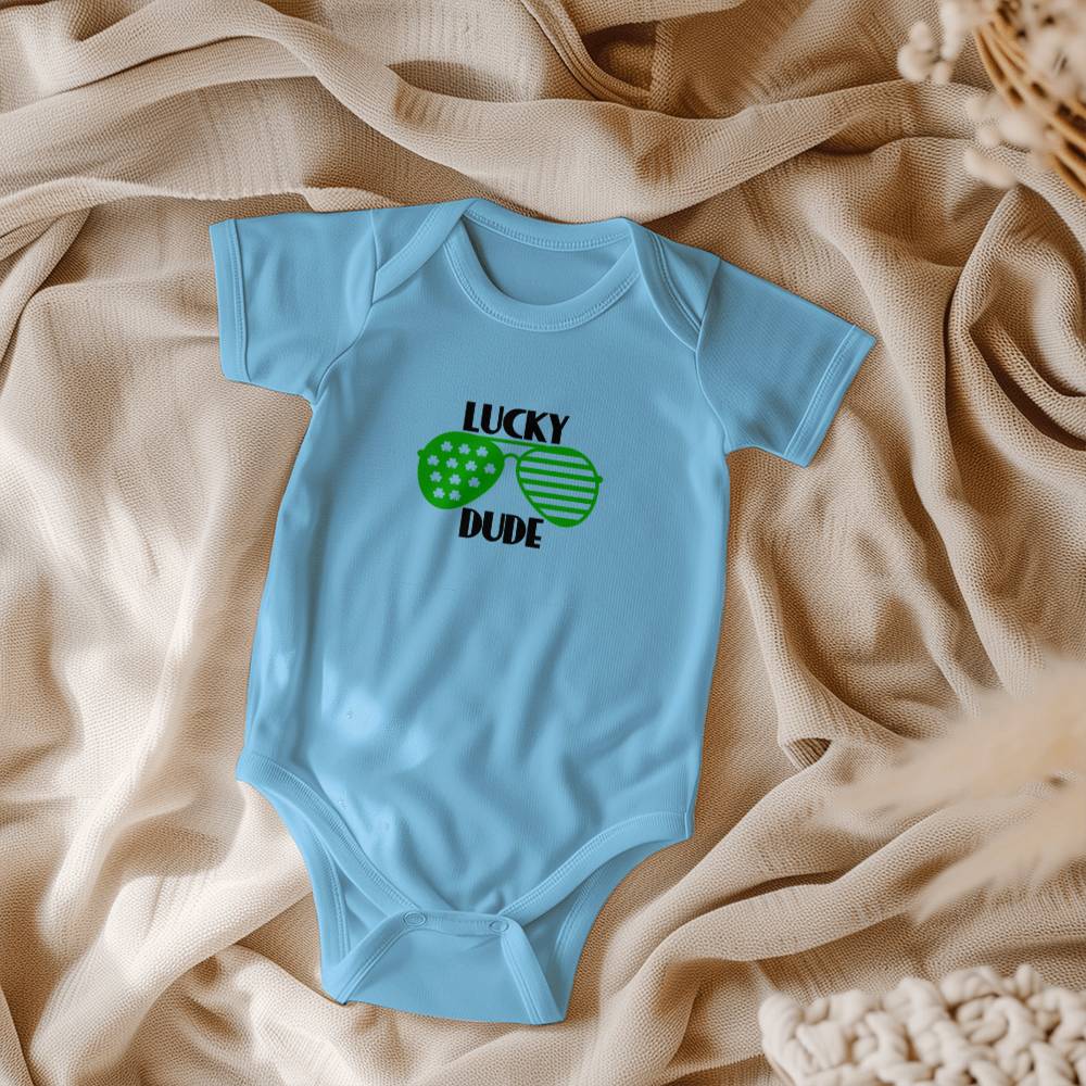 Lucky Dude St. Patrick’s Day Baby Bodysuit – Cool Shamrock Sunglasses Onesie – Soft Cotton Infant Romper – Funny Irish Holiday Outfit & Baby Gift - Mallard Moon Gift Shop