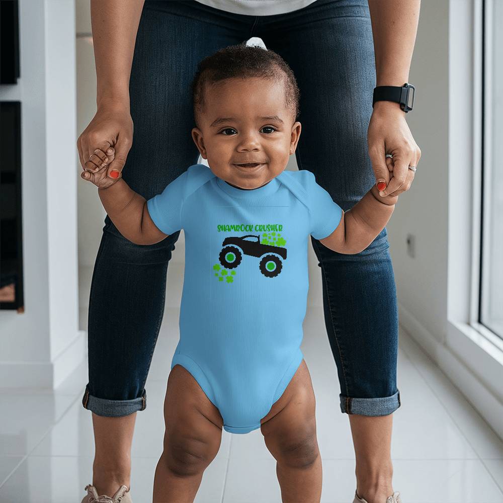 Shamrock Crusher St. Patrick’s Day Baby Bodysuit – Funny Monster Truck Onesie – Soft Cotton Infant Romper – Irish Holiday Outfit & Baby Gift - Mallard Moon Gift Shop