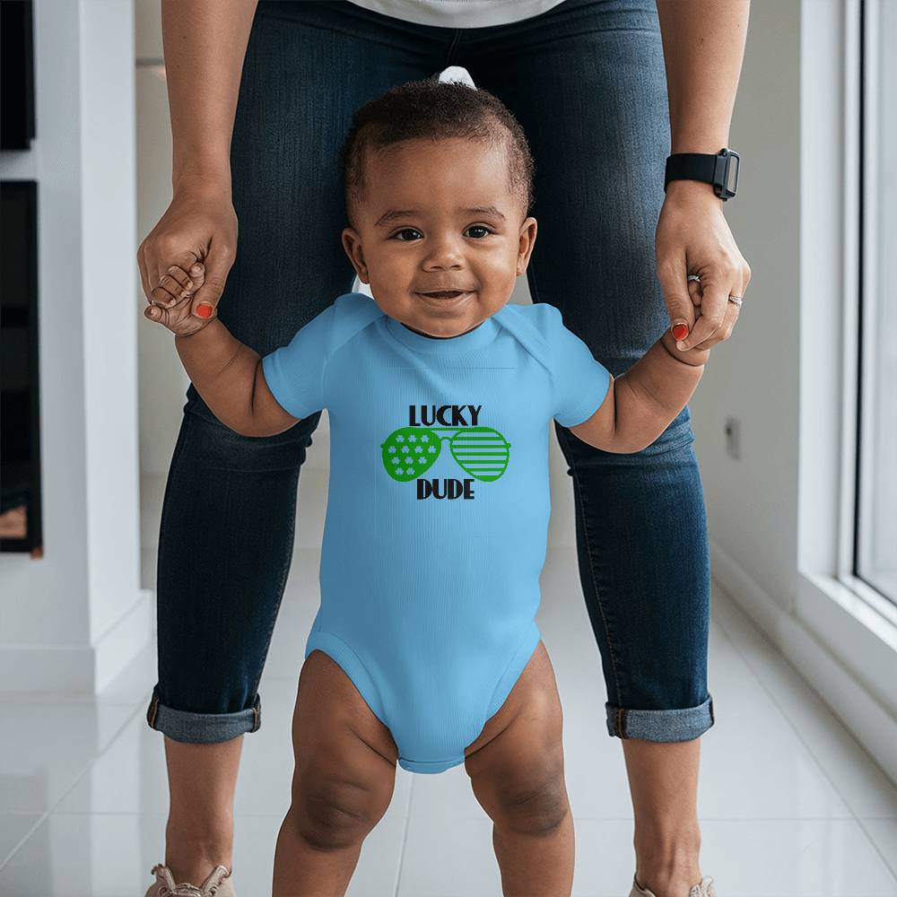 Lucky Dude St. Patrick’s Day Baby Bodysuit – Cool Shamrock Sunglasses Onesie – Soft Cotton Infant Romper – Funny Irish Holiday Outfit & Baby Gift - Mallard Moon Gift Shop