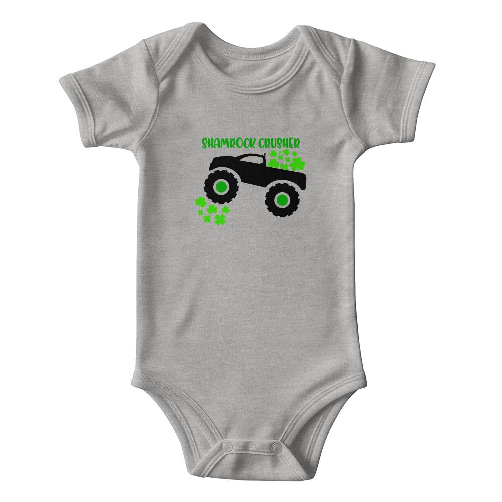 Shamrock Crusher St. Patrick’s Day Baby Bodysuit – Funny Monster Truck Onesie – Soft Cotton Infant Romper – Irish Holiday Outfit & Baby Gift - Mallard Moon Gift Shop