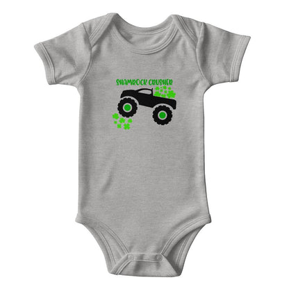 Shamrock Crusher St. Patrick’s Day Baby Bodysuit – Funny Monster Truck Onesie – Soft Cotton Infant Romper – Irish Holiday Outfit & Baby Gift - Mallard Moon Gift Shop