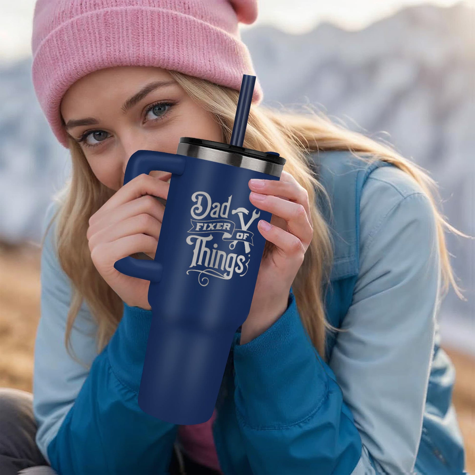 Dad- Fixer of Things - Funny 40oz laser-engraved Tumbler with Handle - Mallard Moon Gift Shop