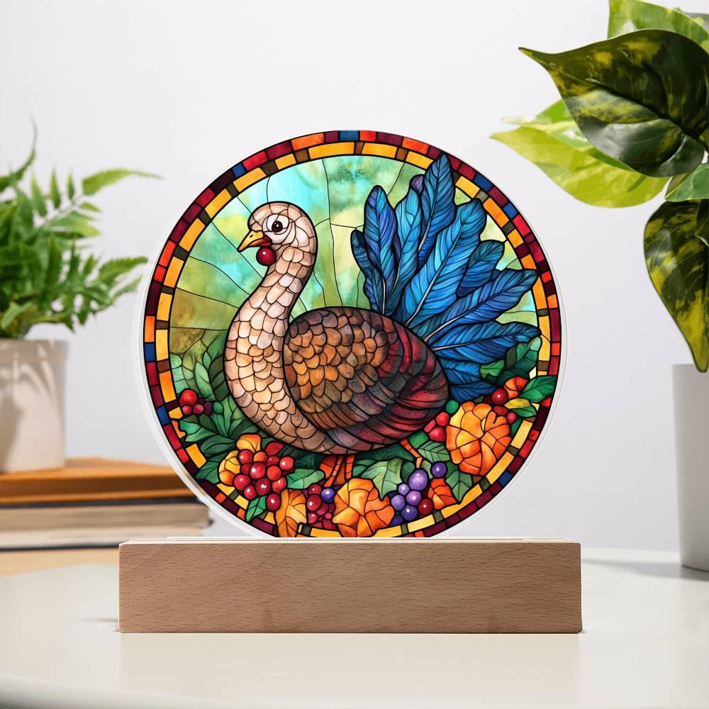 Turkey Stained-glass Round Acrylic Plaque - LED Lighted Wooden Base - Mallard Moon Gift Shop