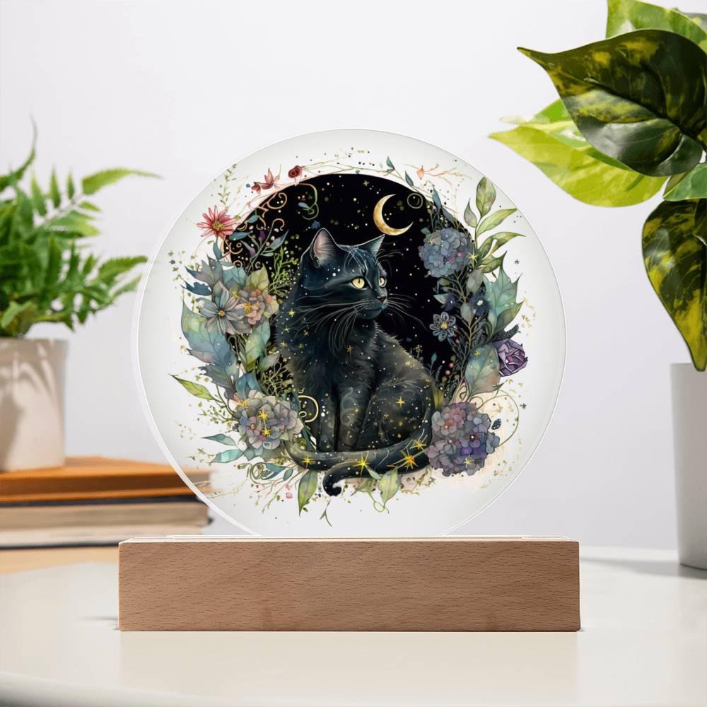 Black Cat Bewitchment: Halloween Printed Circle Acrylic Plaque with LED Lighted Wooden Base - Mallard Moon Gift Shop